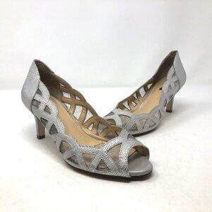 Alex Marie Heels Womens 8.5M Silver Pump Kitten Leather Embossed Peep Toe Mesh
